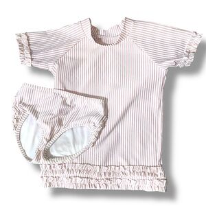 RuffleButts Pink Seersucker Ruffled Rash Guard Bikini